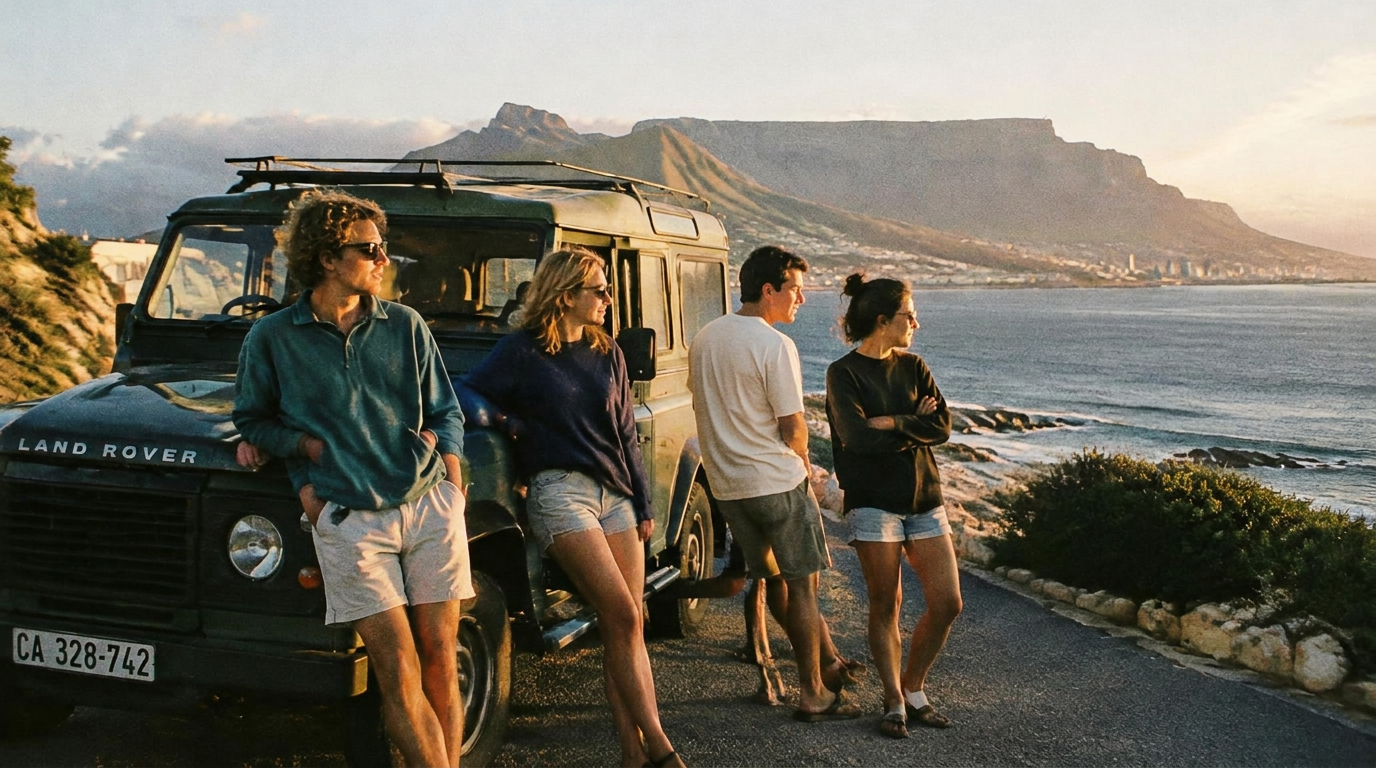 Friends leaning on an old Land Rover above the sea with Table Mountain behind