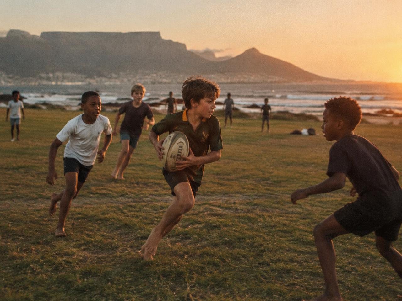 Kids playing touch rugby on a field with Table Mountain behind