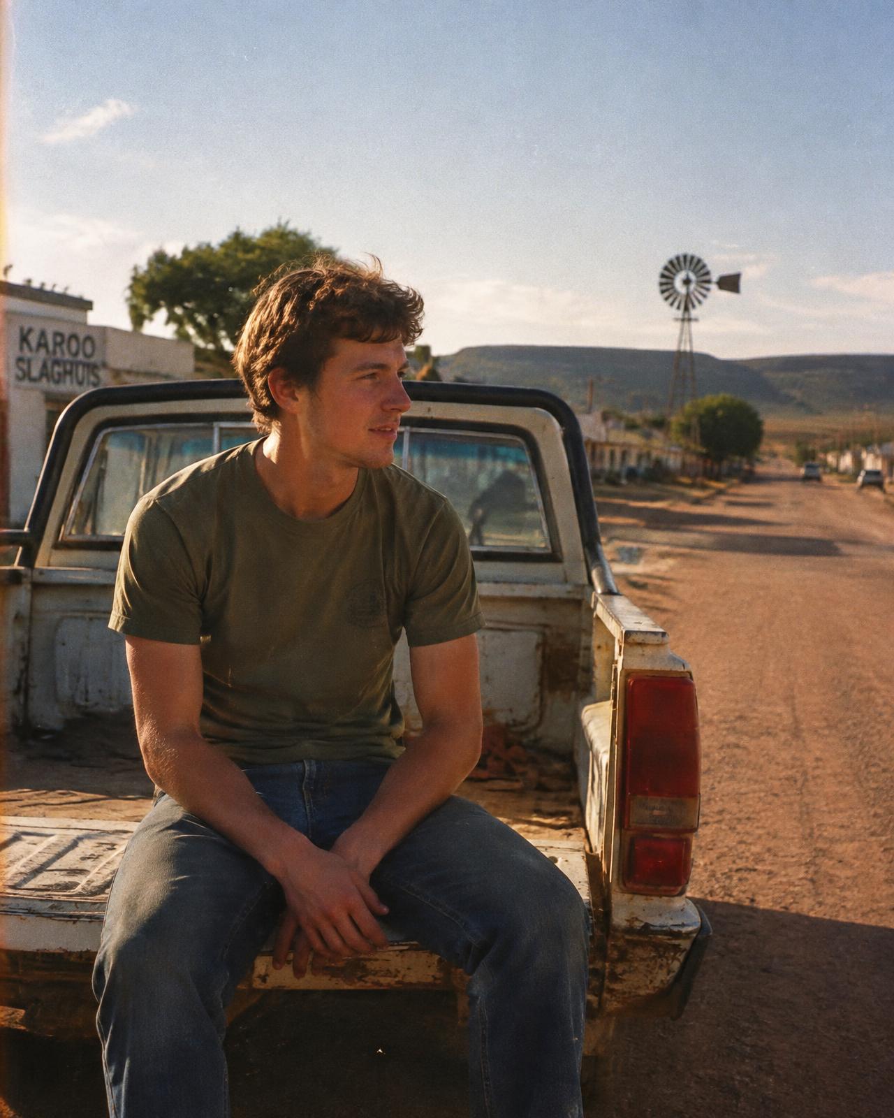 Man sitting on the back of a bakkie in a Karoo town
